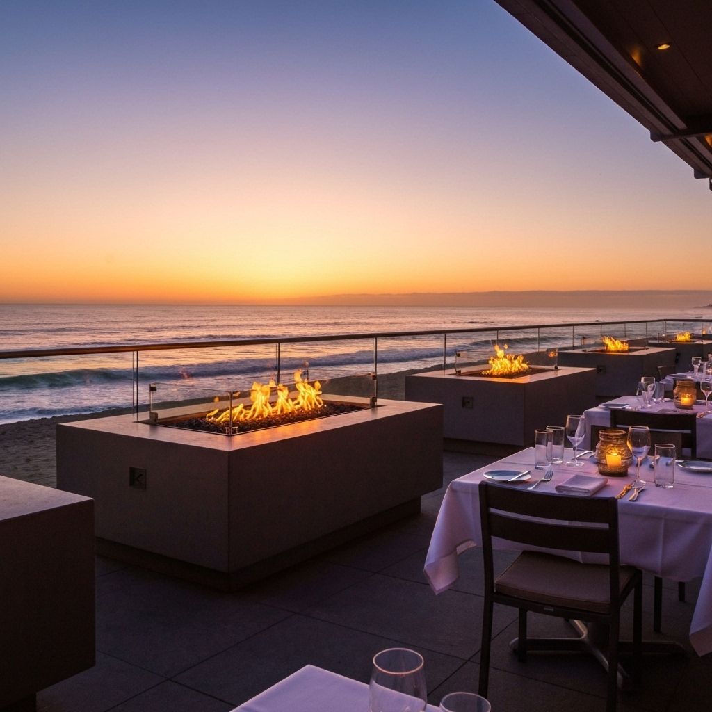 Oceanfront patio dining at sunset